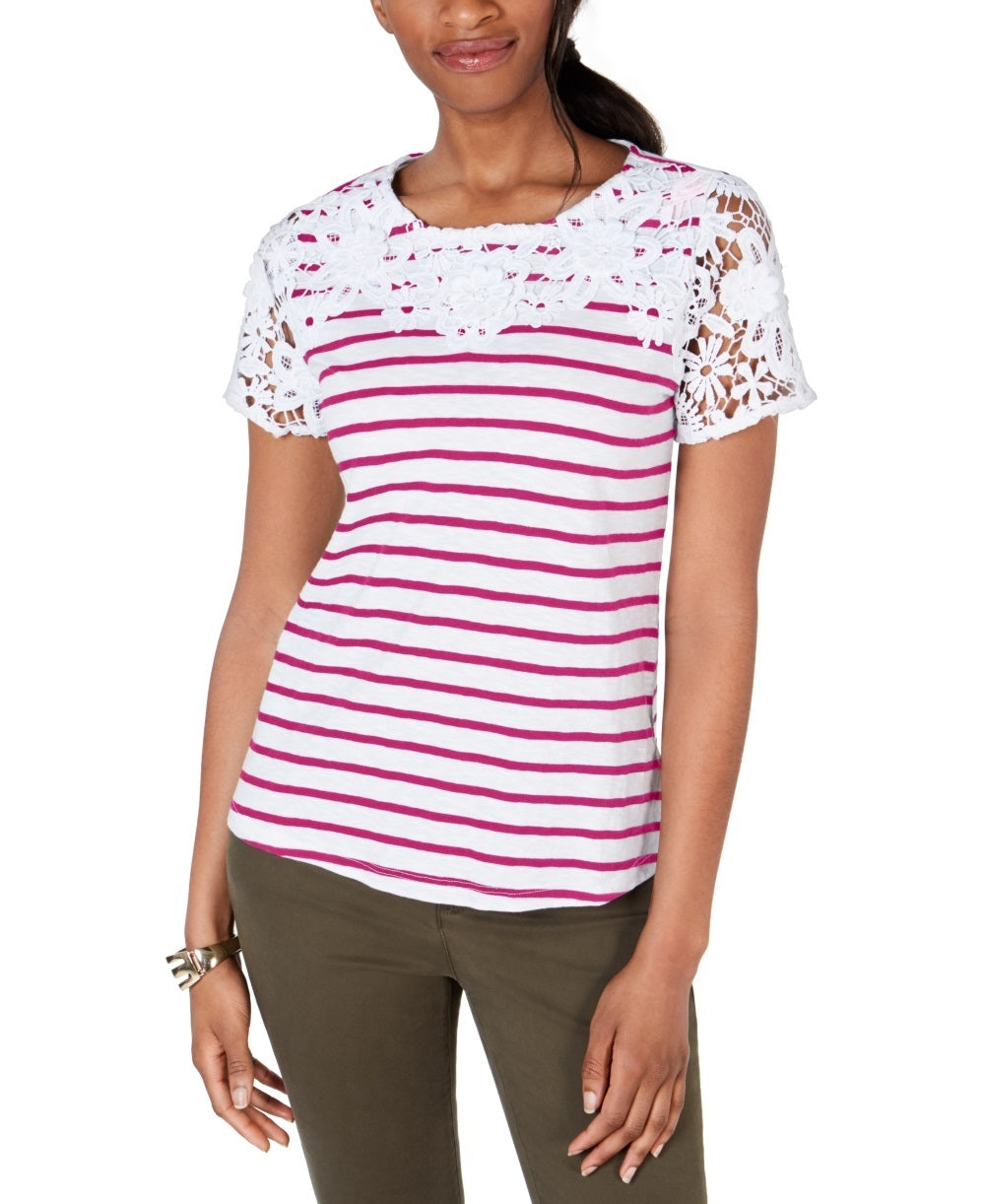 Charter Club Women's Cotton Crochet Striped Top  Pink Size XX-Large