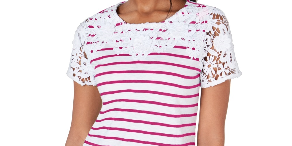 Charter Club Women's Cotton Crochet Striped Top  Pink Size XX-Large