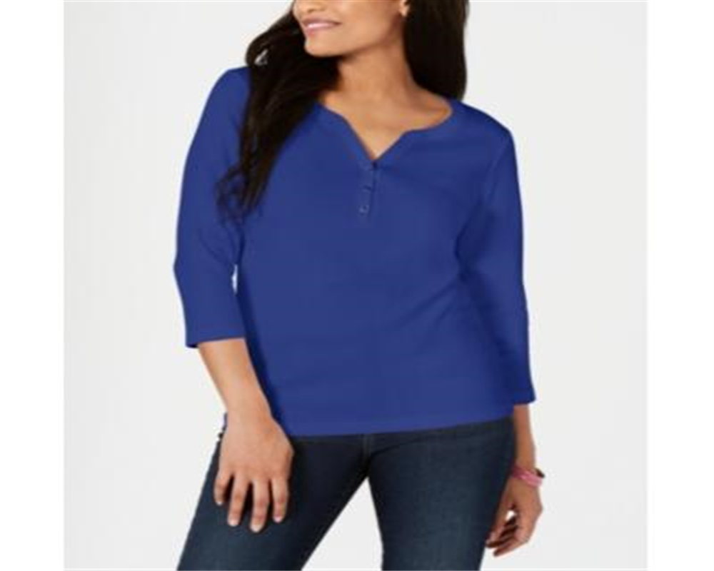 Karen Scott Women's Cotton 3/4 Sleeve Henley T-Shirt Blue Size Petite X-Large