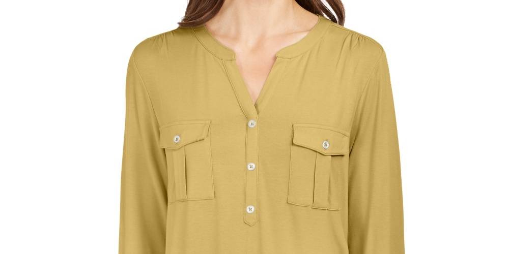 Style & Co Women's Split Neck Roll Tab Sleeve Top Yellow Size Medium