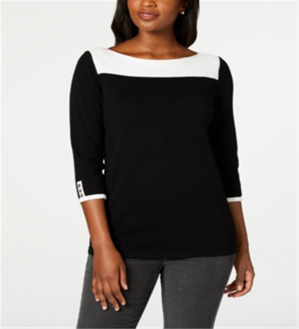 Karen Scott Women's Cotton Button Trim Sweater Black/White Size Petite XL