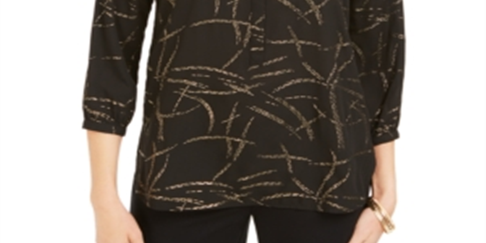 JM Collection Women's Printed 3/4 Sleeve Jewel Neck Evening Top Black - Size Petite S