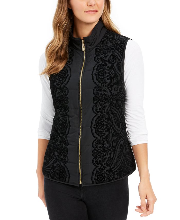 Charter Club Women's Velvet Flocked Puffer Vest Black Size Petite L