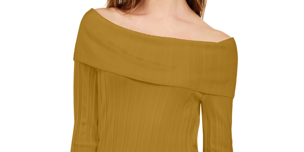 INC International Concepts Women's Off-The-Shoulder Ribbed Sweater Yellow Size Large