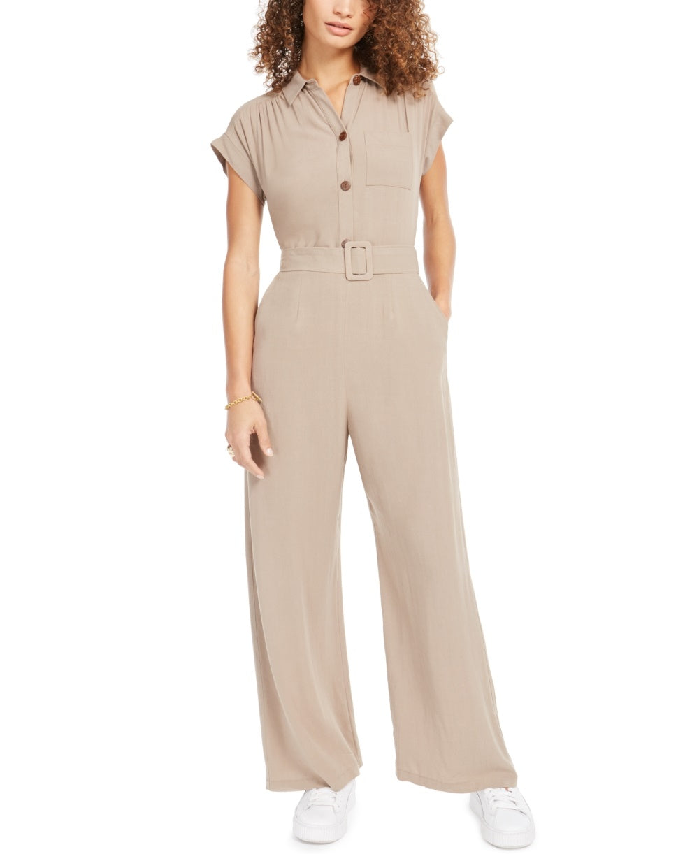 Monteau Women's Petite Button-Front Linen-Blend Wide-Leg Jumpsuit Beige PS