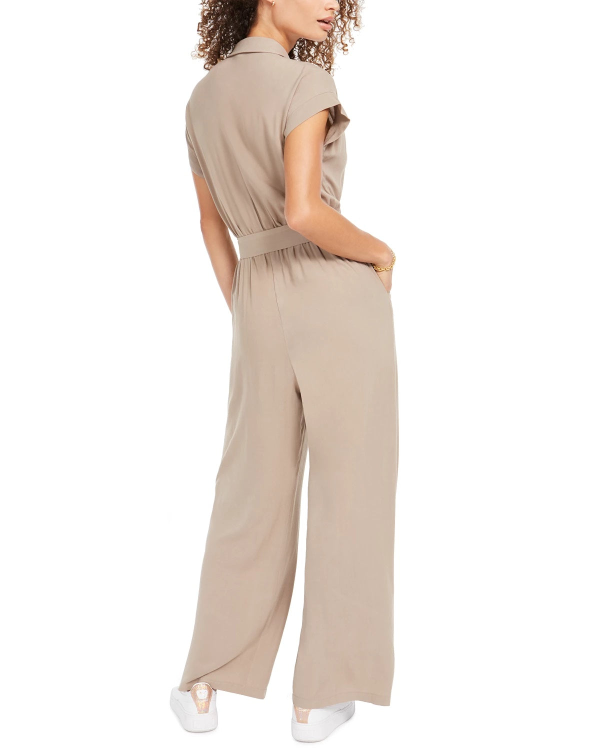 Monteau Women's Petite Button-Front Linen-Blend Wide-Leg Jumpsuit Beige PS