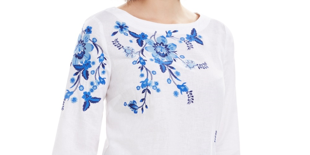 Charter Club Women's Embroidered Split-Sleeve Top Blue Size X-Small