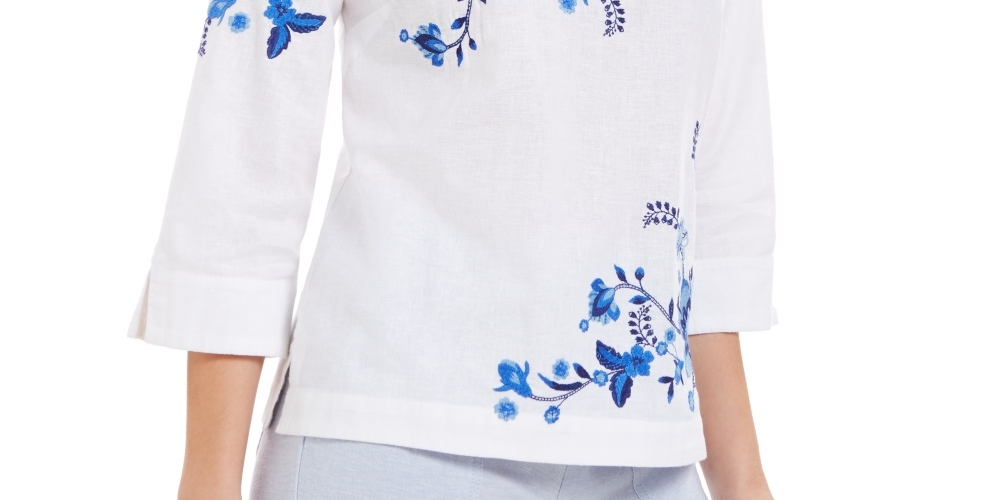 Charter Club Women's Embroidered Split-Sleeve Top Blue Size X-Small