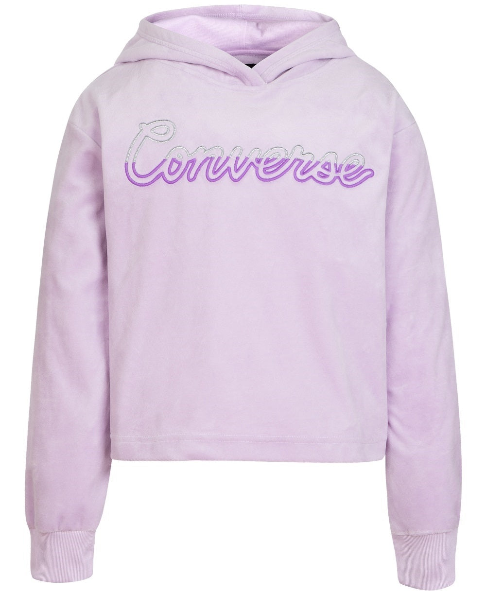 Converse Big Girl's स्प्लिट-लोगो वेलोर फ़्लीस हूडी पर्पल साइज़ मीडियम