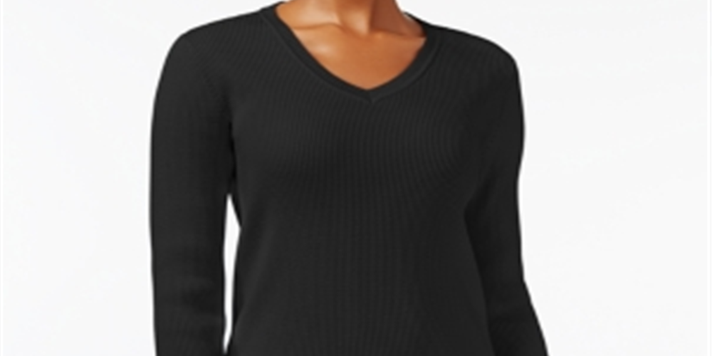 Karen Scott Women's Ribbed Knit Cotton Sweater Black Size Petite Large