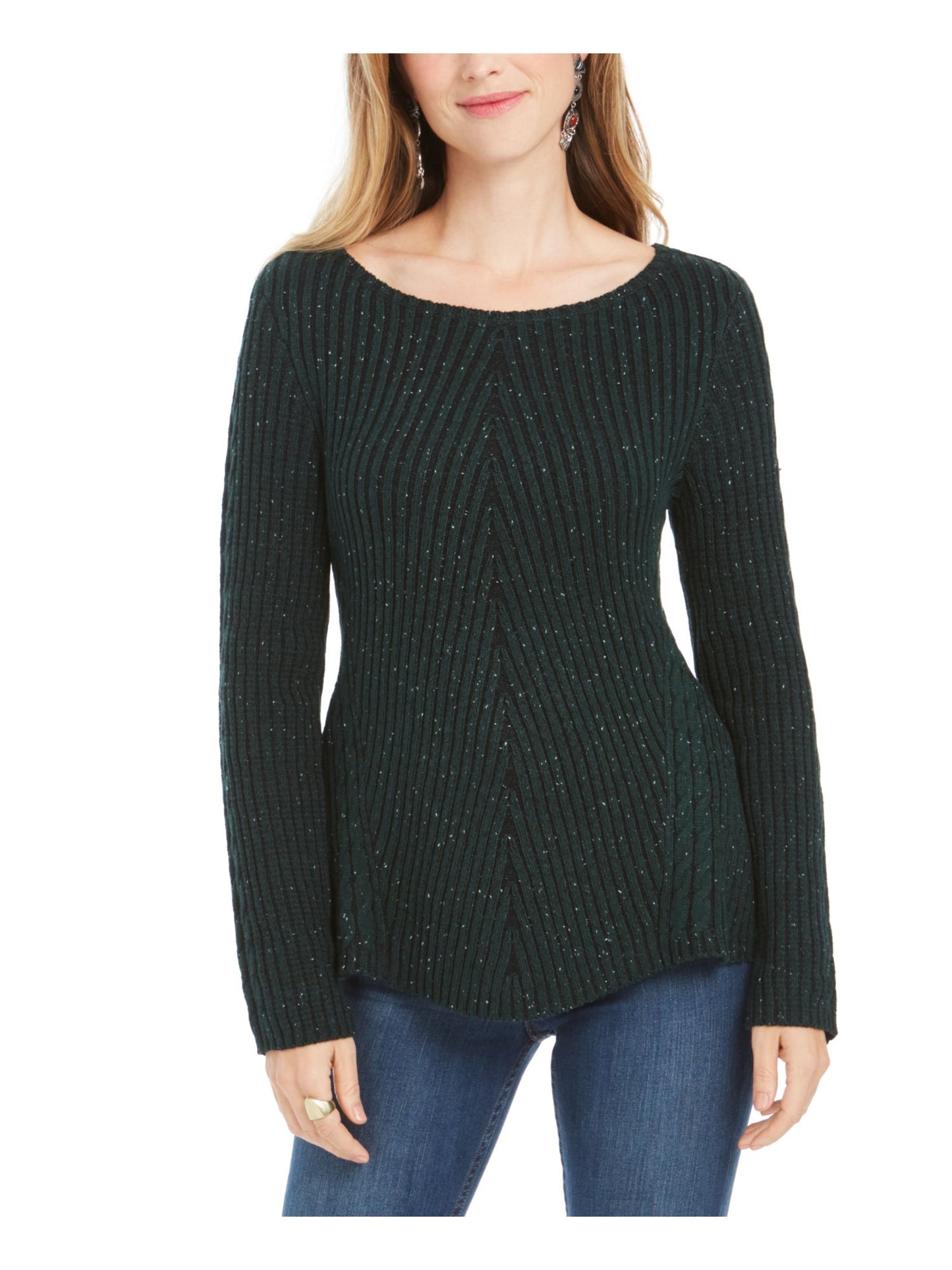 Style & Co Women's Textured Speckle Long Sleeve Jewel Neck T-Shirt Sweater Green Size PP