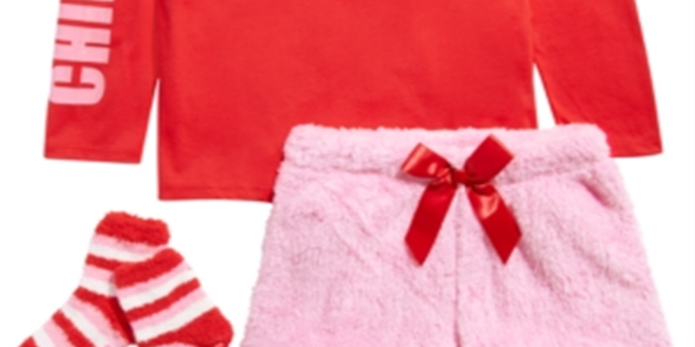 Max & Olivia Big Girl's 3 Pc Reindeer Top Faux Fur Shorts & Socks Pajama Set Red Size M(7/8)