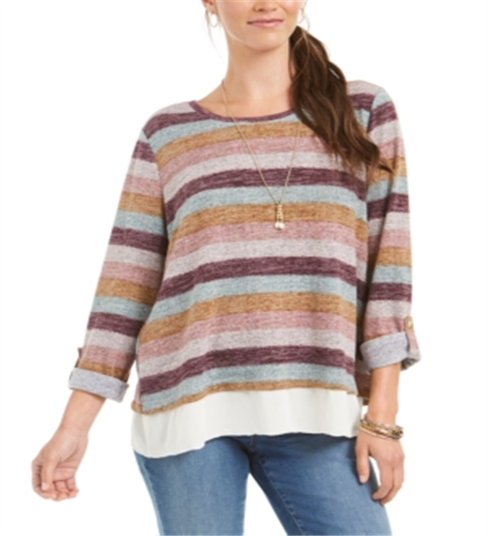 Style & Co Women's Striped Layered Look Sweater Blue Size X-Large
