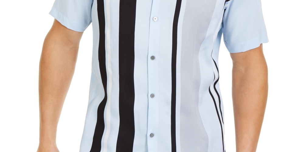 अल्फ़ानी पुरुषों की रेगुलर-फिट बॉलर स्ट्राइप-प्रिंट शर्ट नीला, बड़े आकार की