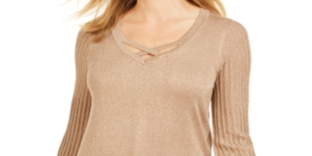JM Collection Women's Pleated Sleeve Sweater Gold Size Petite L