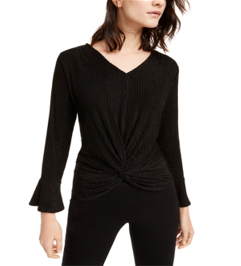 Alfani Women's Metallic Striped Knot Front Top Black Size Petite L