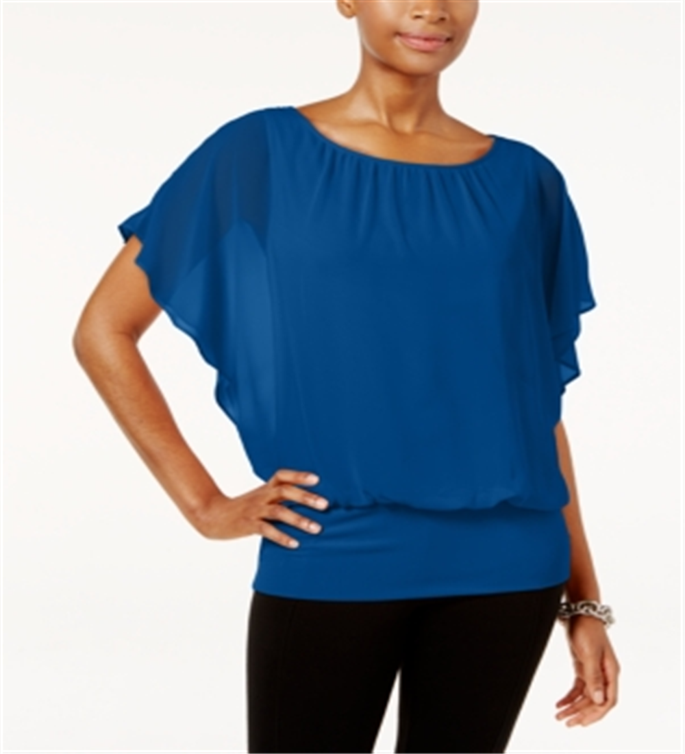 JM Collection Women's Flutter Sleeve Banded Hem Blouson Top Blue Size Petite Small