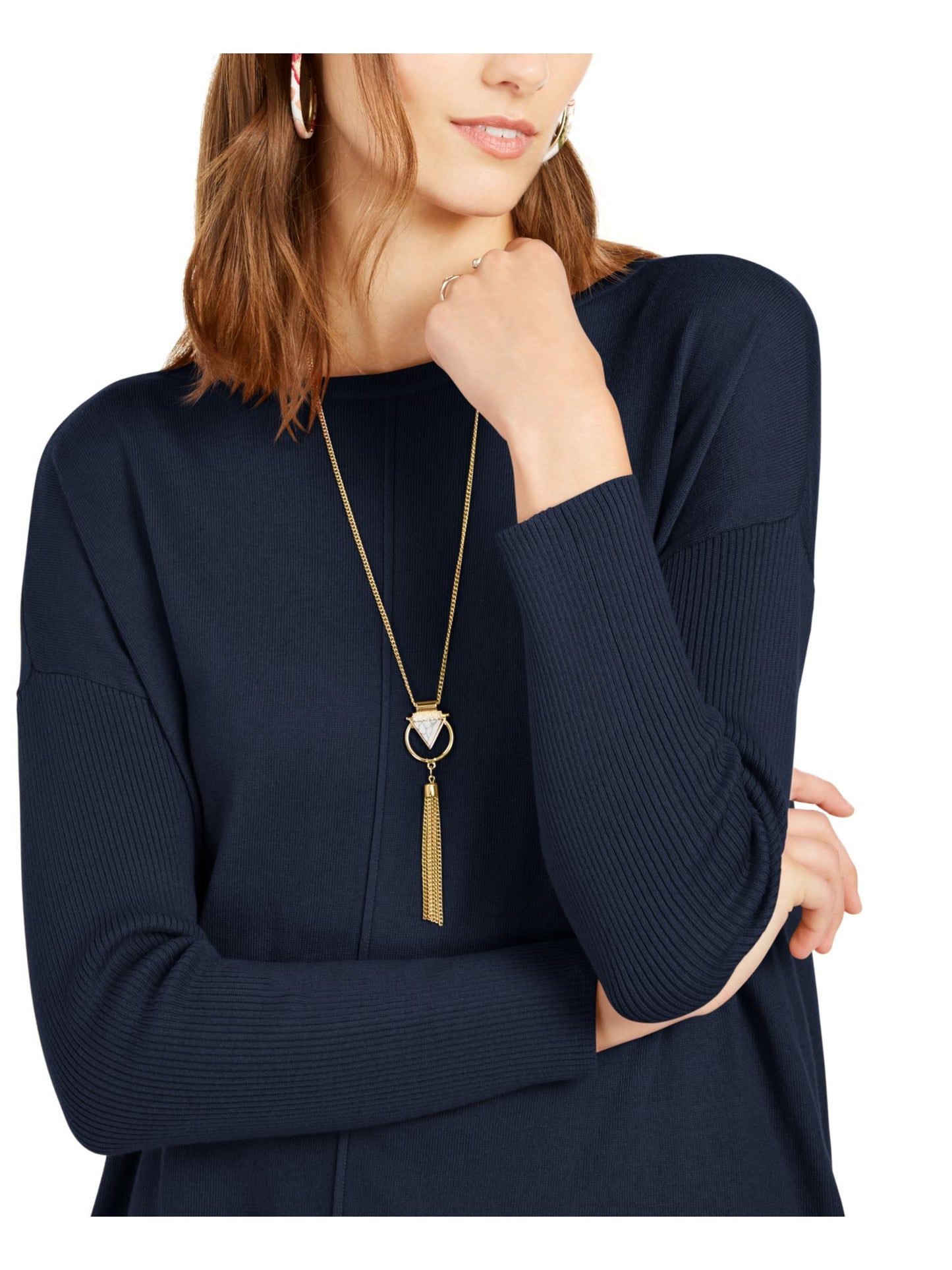 Style & Co Women's Seam front Long Sleeve Boat Neck Tunic Sweater Blue Size Petite Large