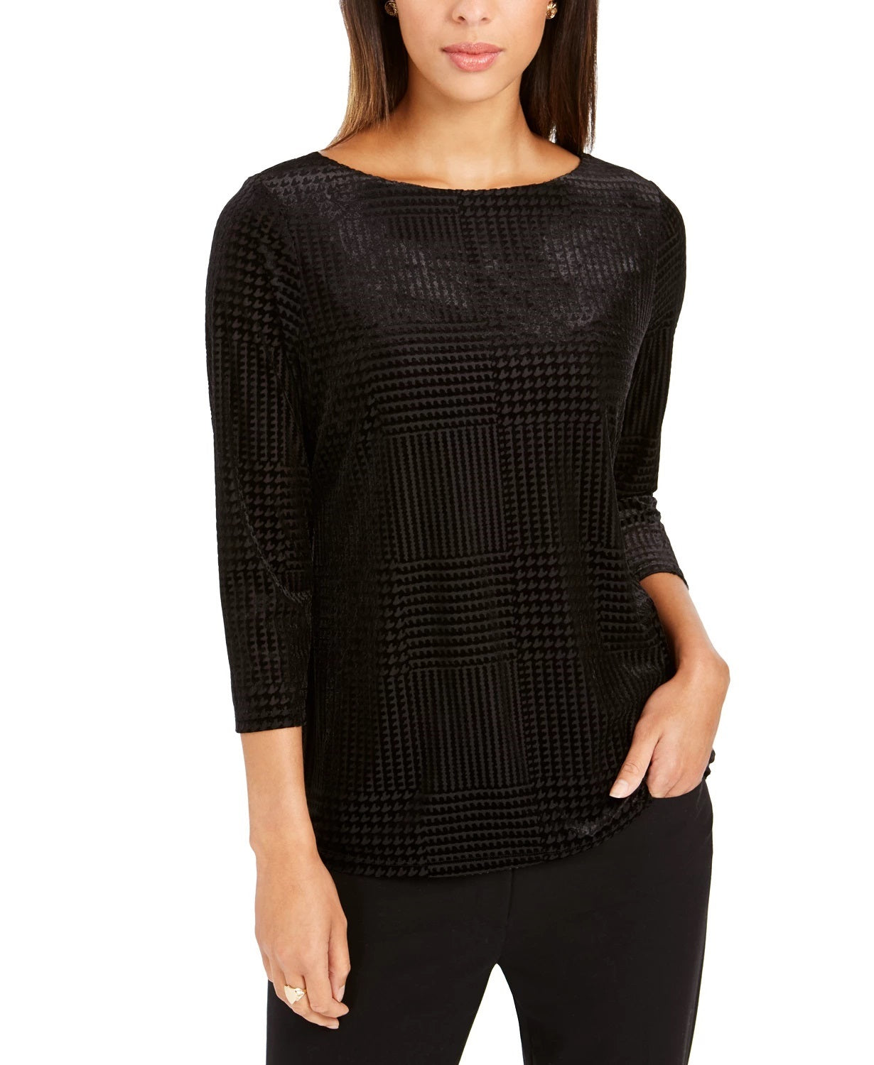 Charter Club Women's Black Patterned Long Sleeve Boat Neck Blouse Evening Top Black Size Petite Small