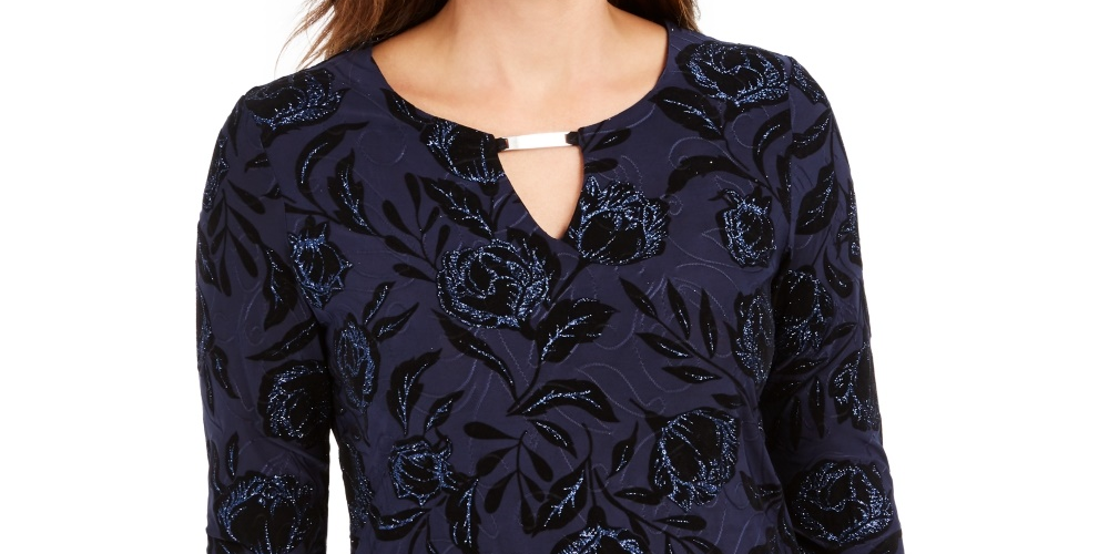 JM Collection Women's Flocked Velvet Jacquard Top Navy Size Small