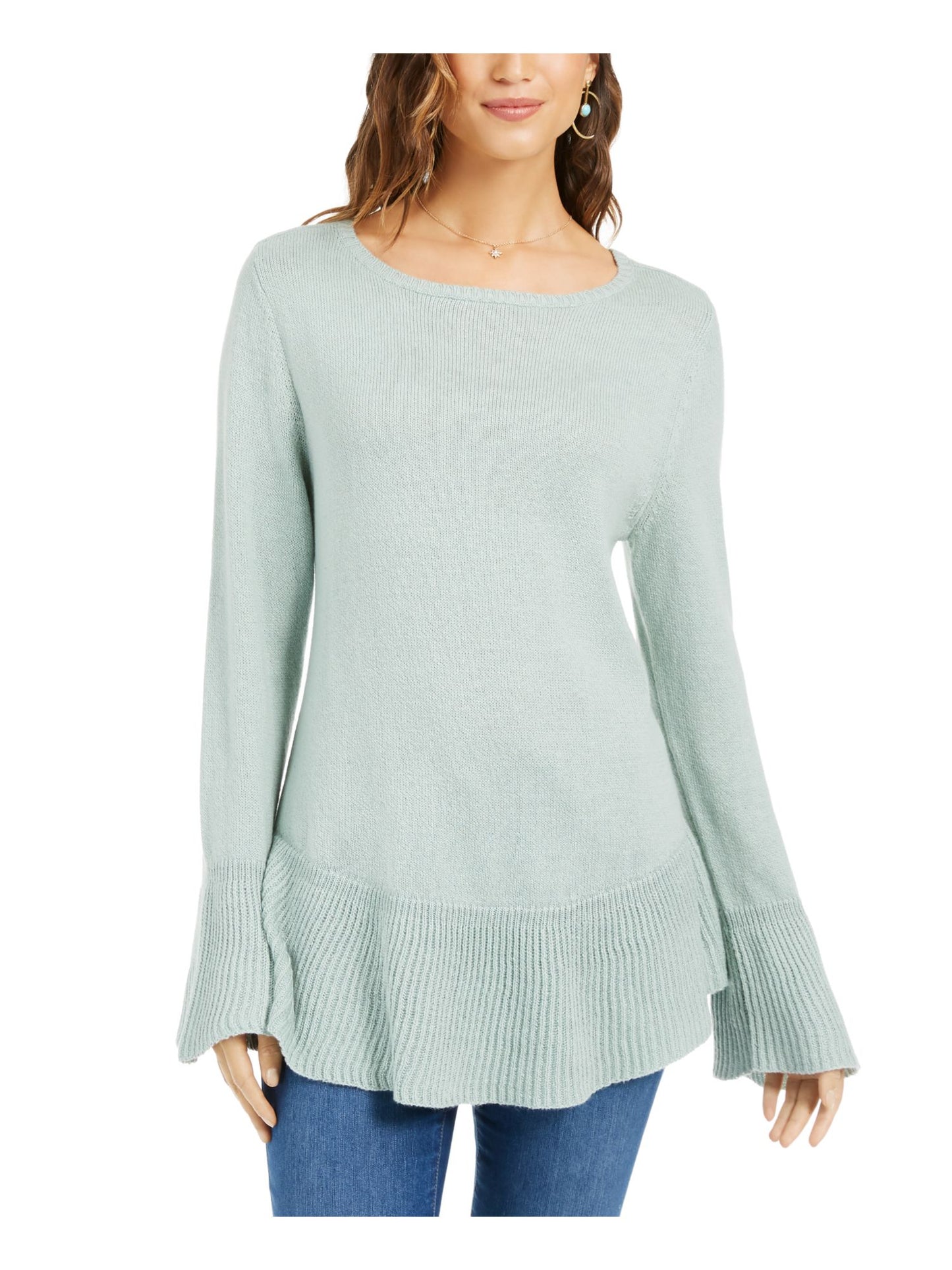 Style & Co Women's Ribbed Patterned Long Sleeve Jewel Neck Blouse Sweater Green Size Petite Small