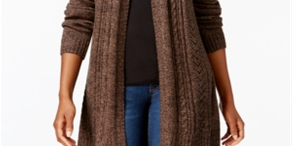 Karen Scott Women's Marled Knit Duster Cardigan Brown Size Petite S/M