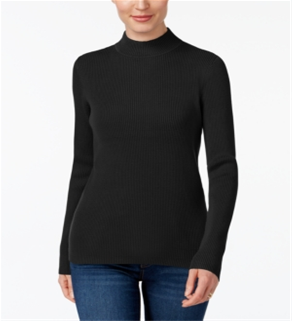 Karen Scott Women's Cotton Ribbed Mock Neck Sweater Black Size Petite L