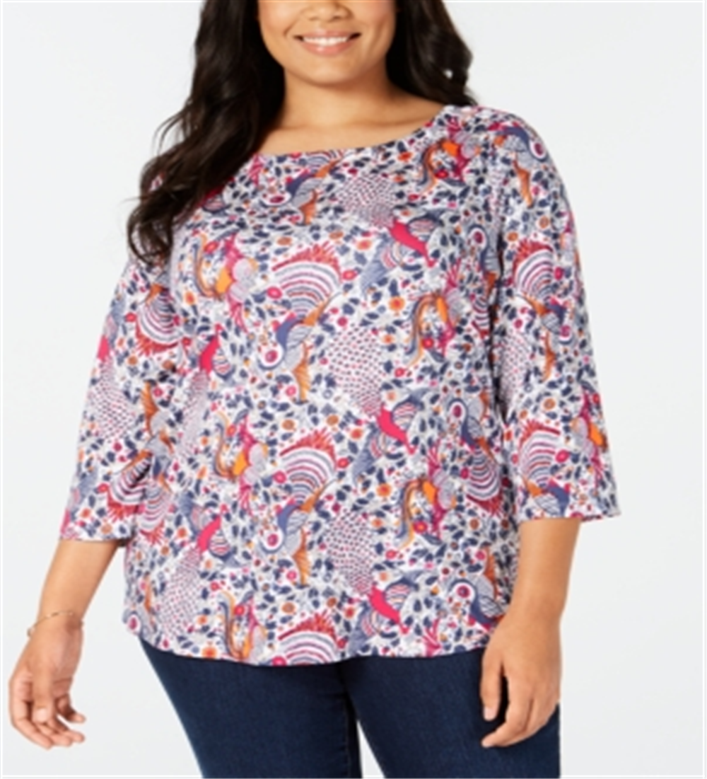 Charter Club Women's Plus Cotton Printed 3/4 Sleeve Top Green Size 2X