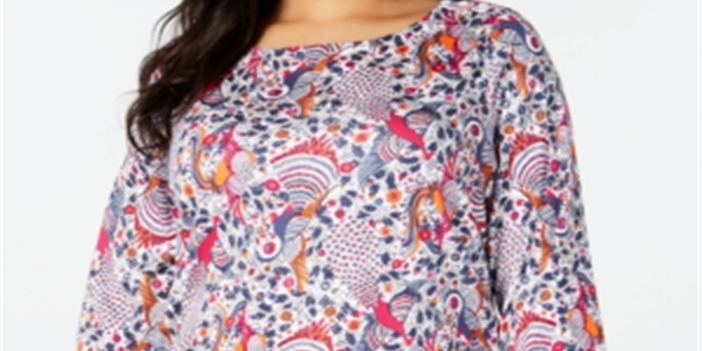 Charter Club Women's Plus Cotton Printed 3/4 Sleeve Top Green Size 2X