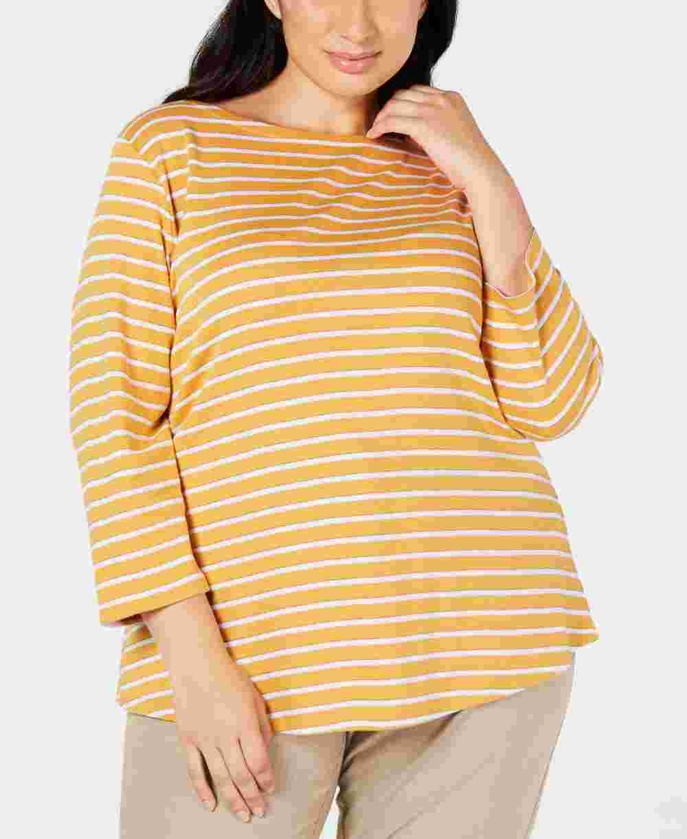 Charter Club Women's Plus Size Striped Boat Neck Top  Yellow Size 2X