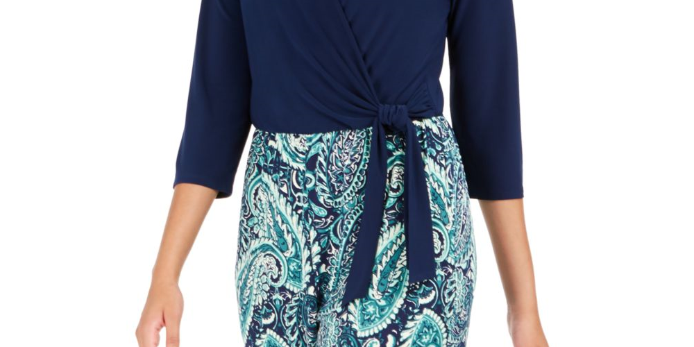 NY Collection Women's Printed SurPetite Lice JumPetite Suit Navy Size Petite XL