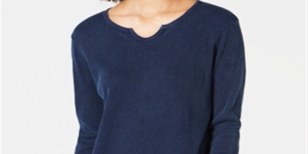 Style & Co Women's Split Neck Cotton Thermal Top Blue Size X-Small