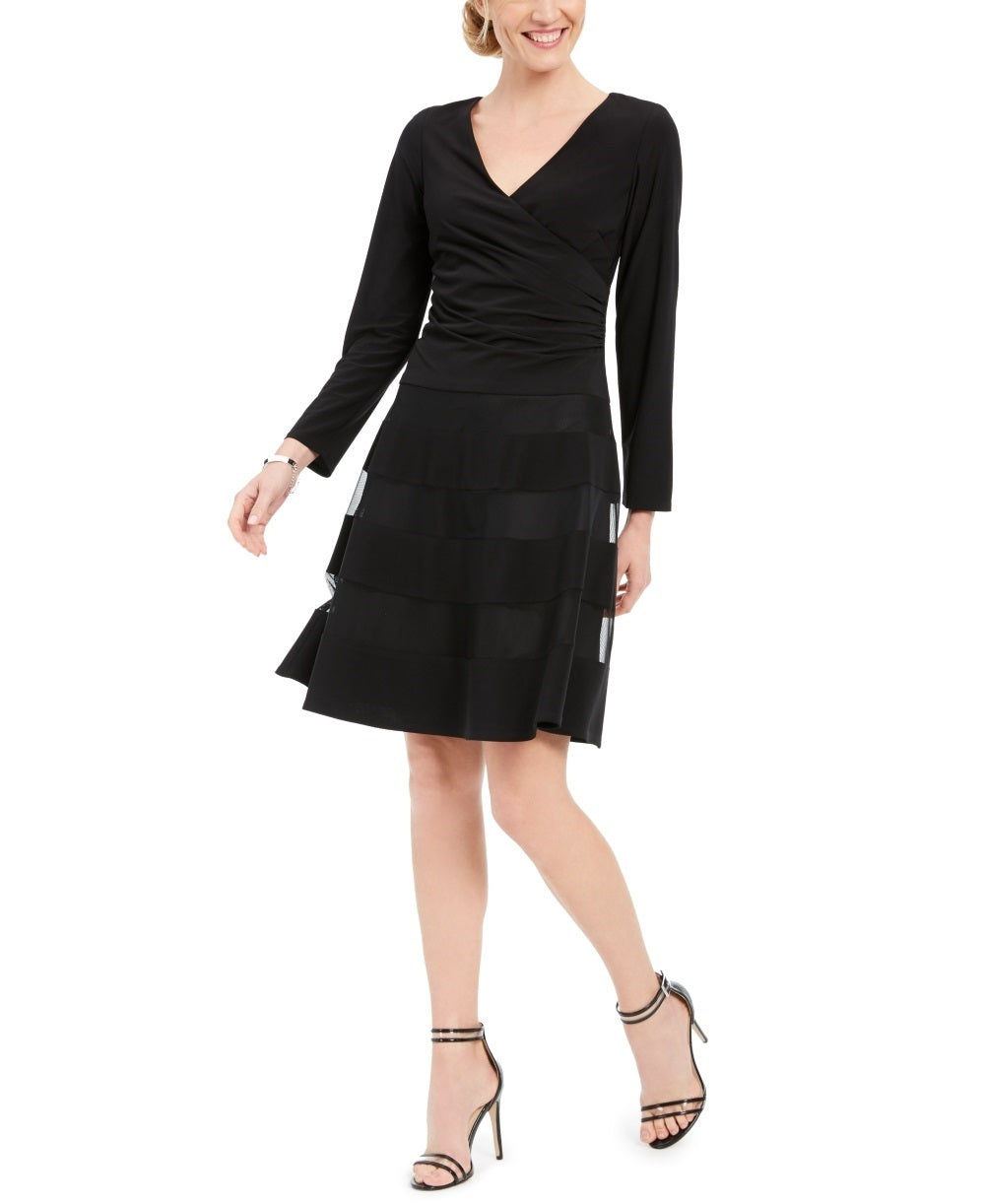R&M Richards Women's Long Sleeve V Neck Knee Length Fit Flare Dress Black Size 8 Petite