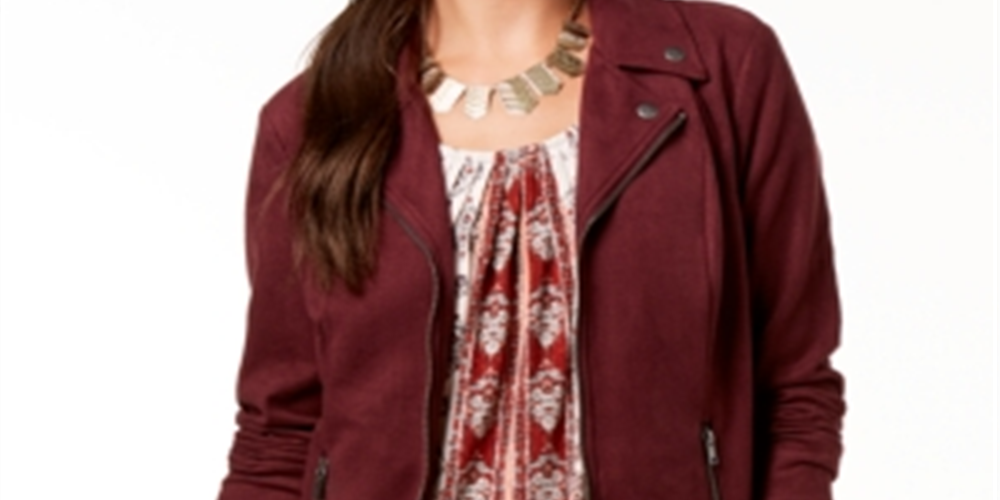 Style & Co Women's Faux Suede Moto Jacket Red Size XS