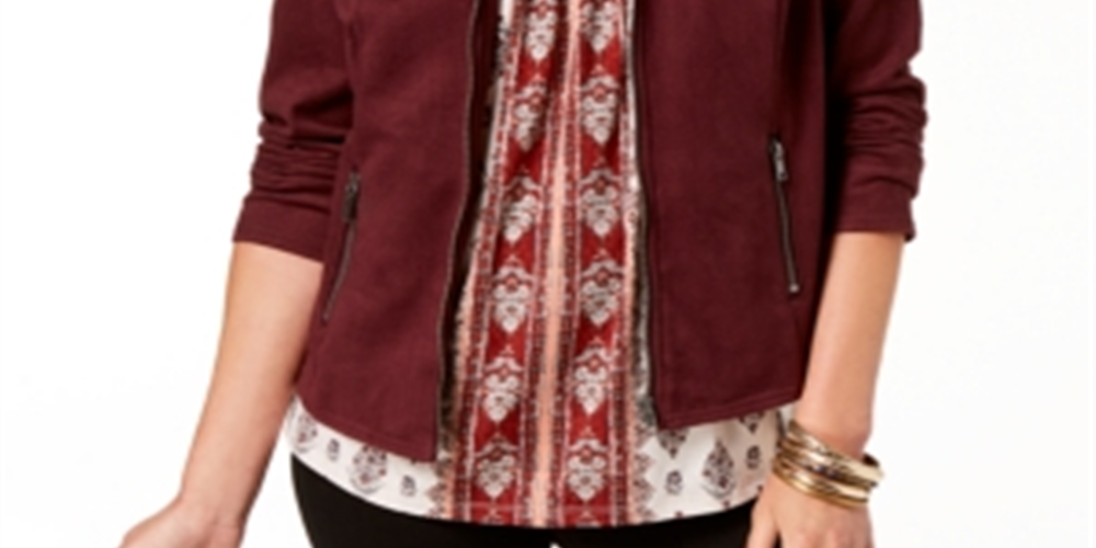 Style & Co Women's Faux Suede Moto Jacket Red Size XS