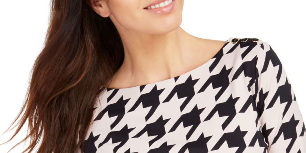 Charter Club Women's Houndstooth 3/4 Sleeve Jewel Neck Top Pink Size Petite Medium