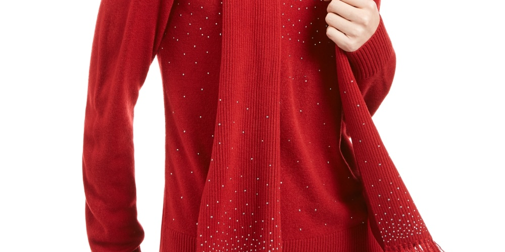 Karen Scott Women's Embellished Scarf Sweater  Medium Red Size XX-Large