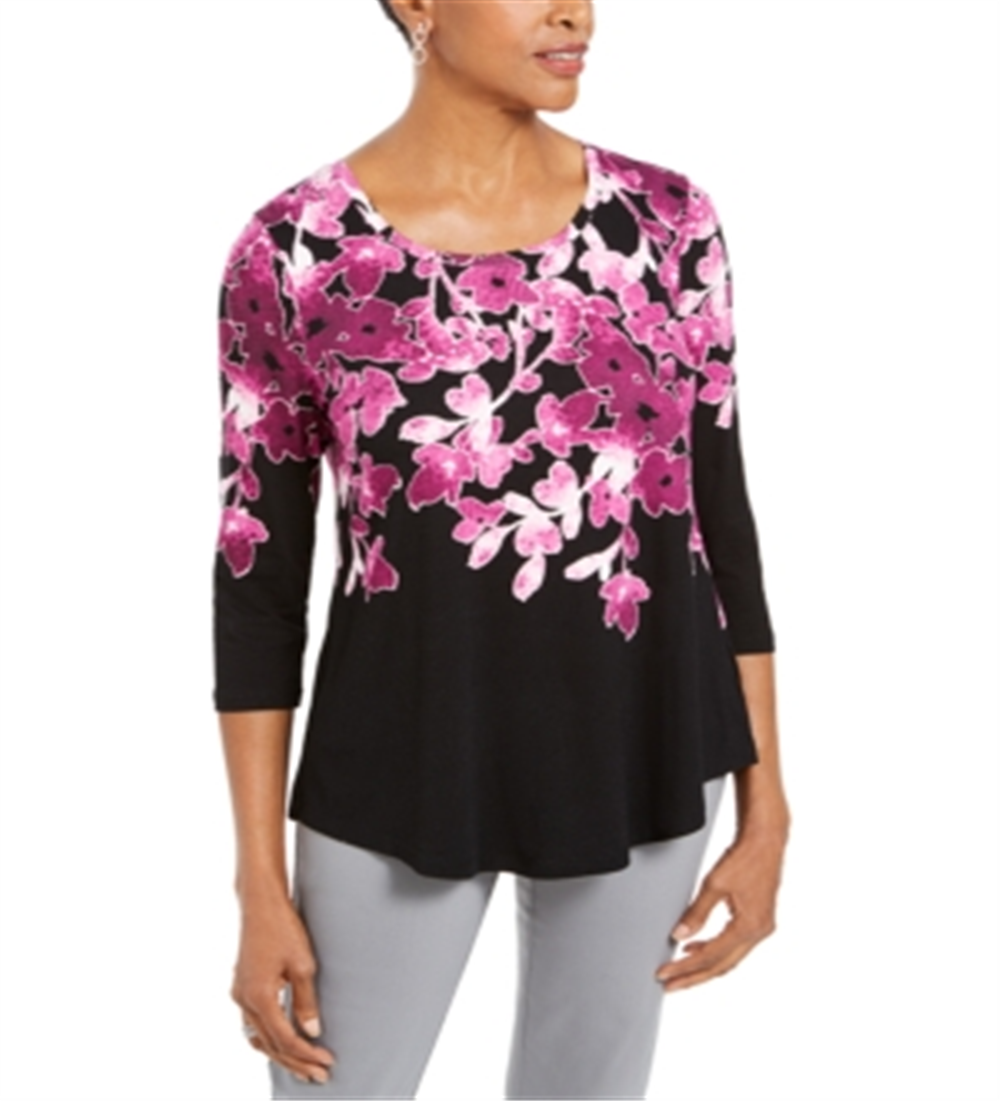 JM Collection Women's Printed Scoop Neck Top Purple Size Small