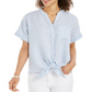 Charter Club Women's Linen Tie Front Button up Shirt Blue Size XX-Large