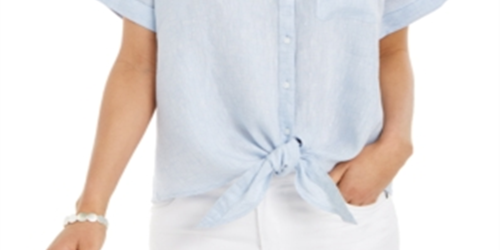Charter Club Women's Linen Tie Front Button up Shirt Blue Size XX-Large