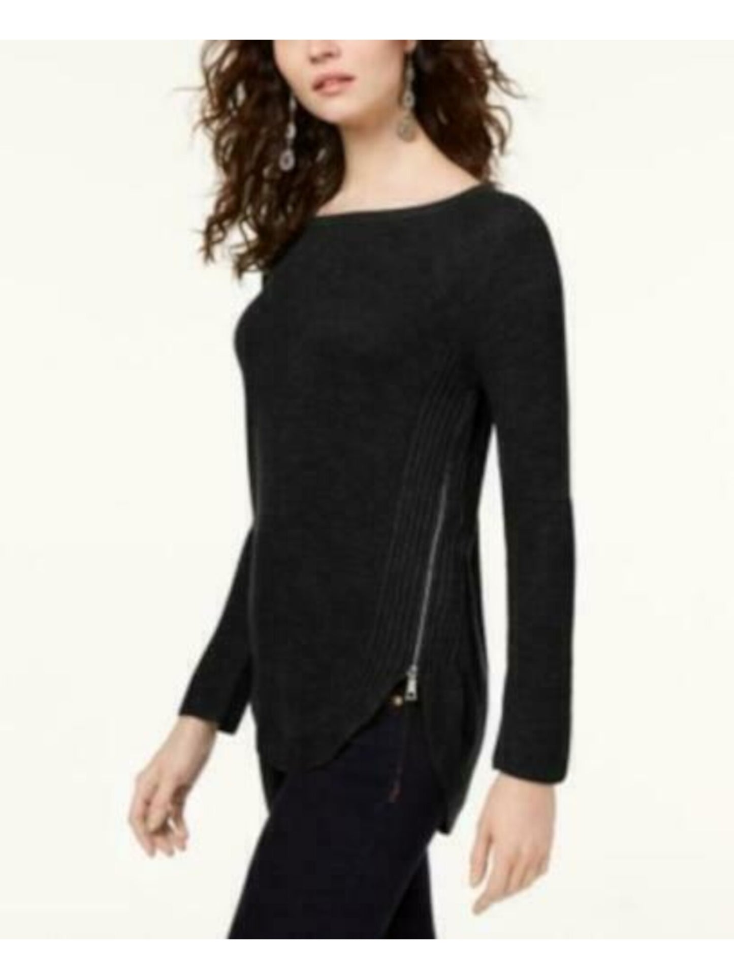INC International Concepts Women's Waffle Knit Side Zip Tunic Sweater Black Size Petite S/M