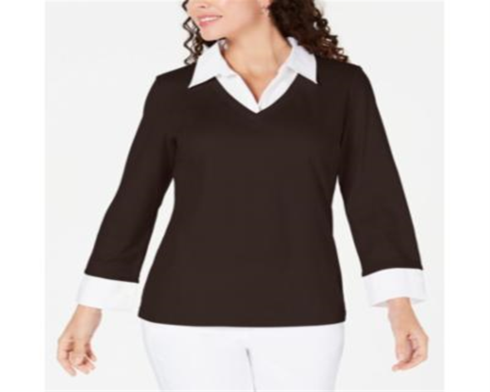 Karen Scott Women's Layered Look Cotton Top Brown Size Petite Medium