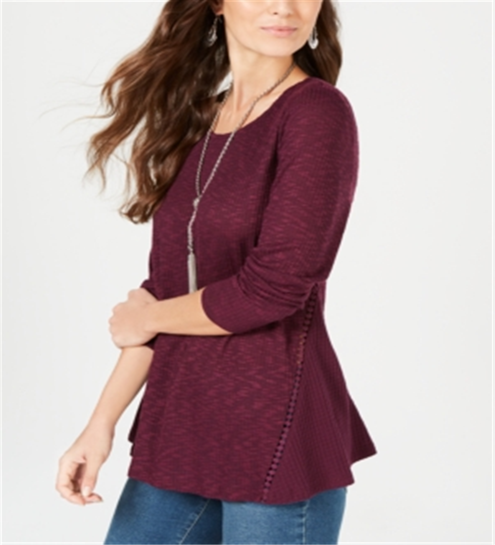 Style & Co Women's Waffle Knit Open Trim Top Purple Size Petite L