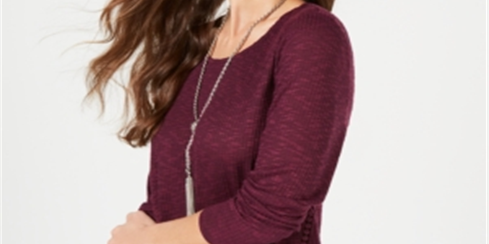 Style & Co Women's Waffle Knit Open Trim Top Purple Size Petite L