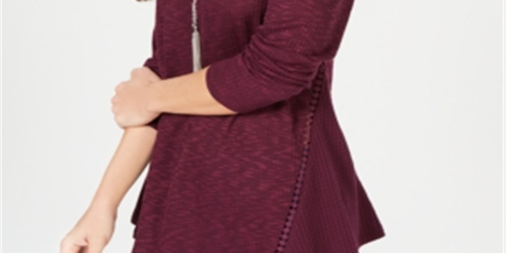 Style & Co Women's Waffle Knit Open Trim Top Purple Size Petite L