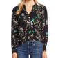 CeCe Women's Floral Print Split Neck Blouse Black Size X-Small