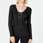 INC International Concepts Women's Lace up Ribbed Knit Sweater Black Size Petite S
