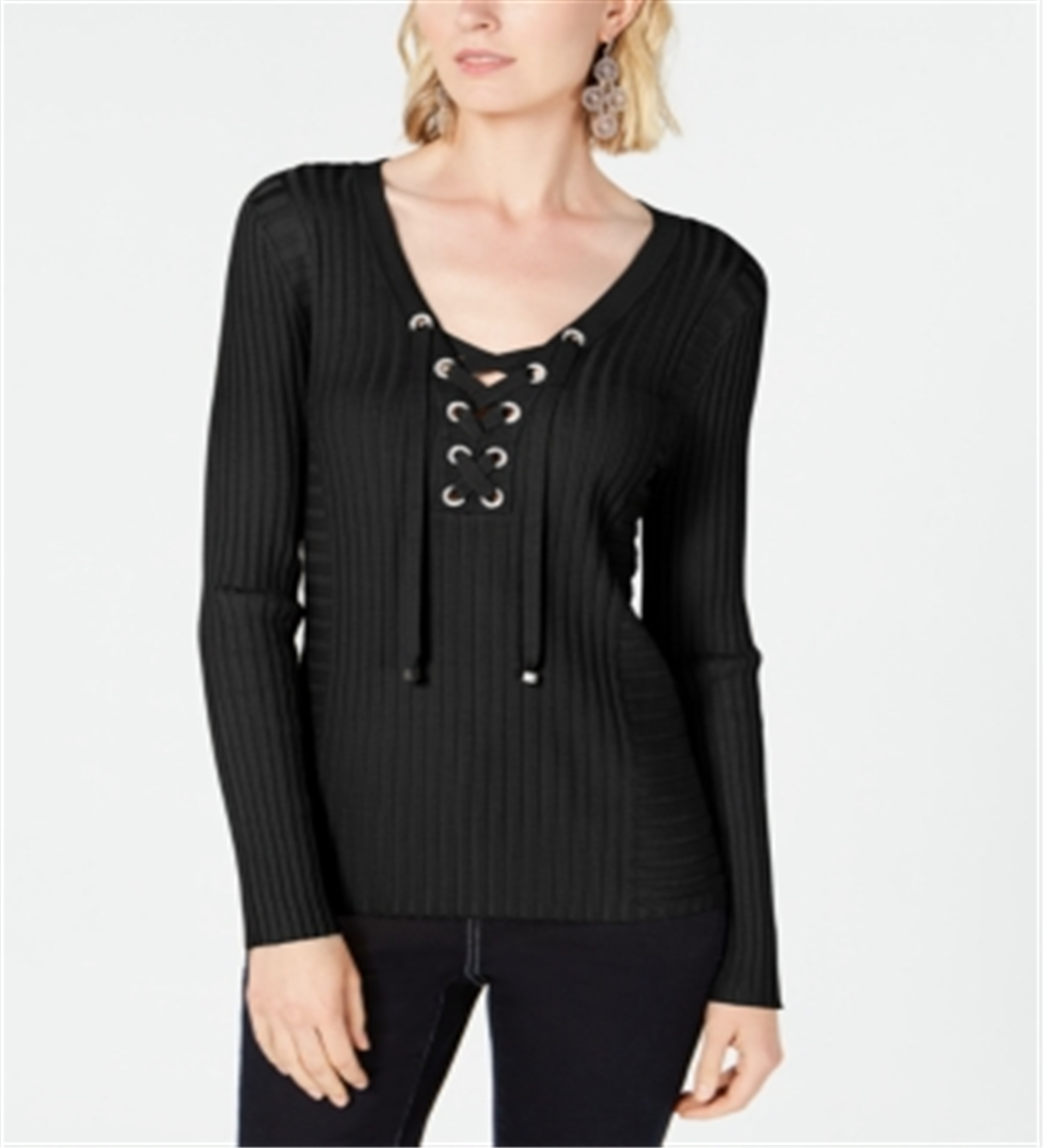 INC International Concepts Women's Lace up Ribbed Knit Sweater Black Size Petite S
