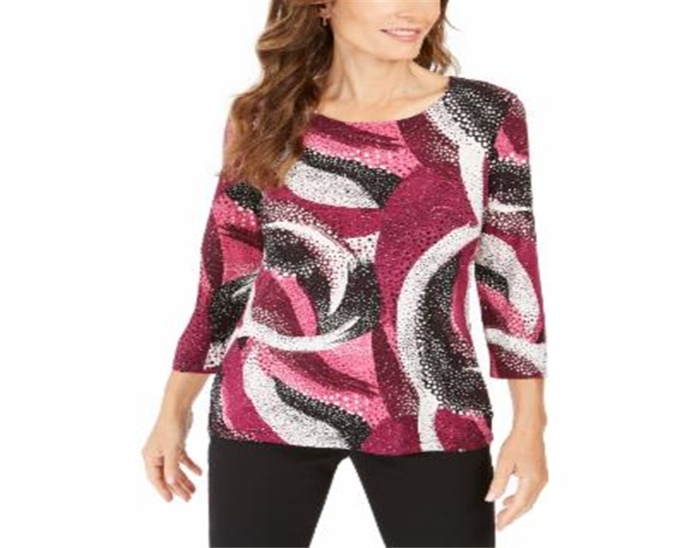 JM Collection Women's Sparkle Dot Printed Jacquard Top Pink Multi Size Petite S