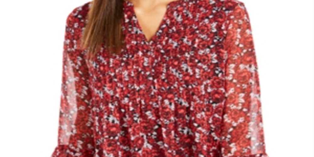 Charter Club Women's Floral Print Bell Sleeve Top Red Floral  Size Petite S